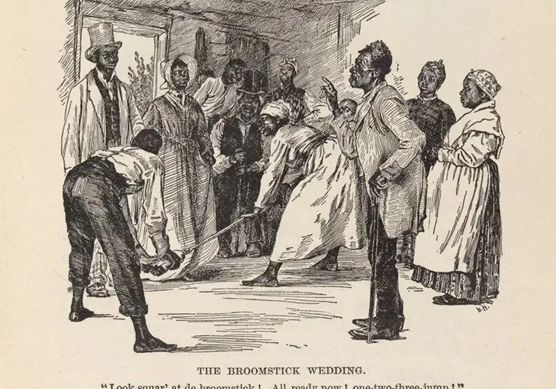A period engraving titled 'The Broomstick Wedding,' showing a Black couple jumping a broom held low to the ground while their community looks on, captioned 'one-two-three-jump!'