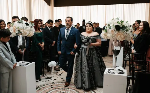 A bride in a black and silver gown walks down the aisle on her escort's arm as guests stand and watch