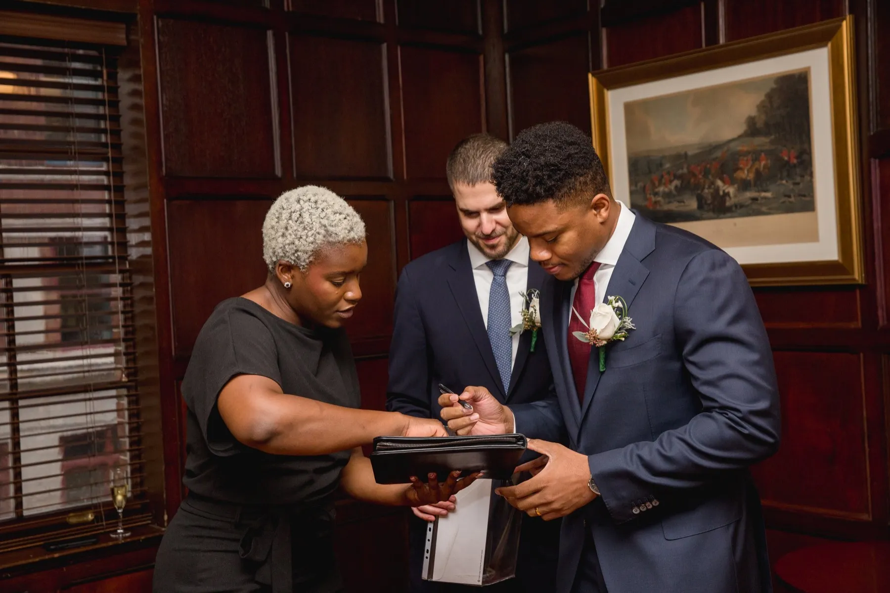 Lazaro + Yehuda celebrating after the ceremony at The Harvard Club NYC