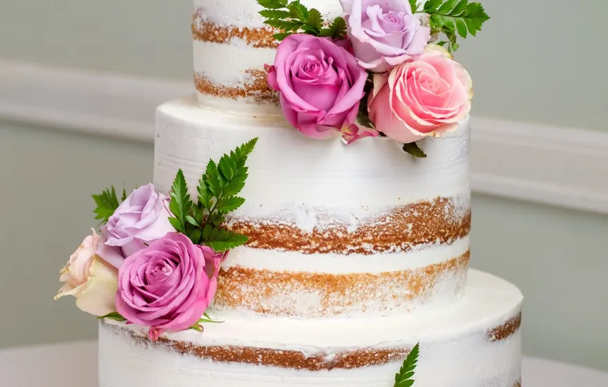 A three-tier semi-naked wedding cake decorated with pink and lavender roses and fern leaves