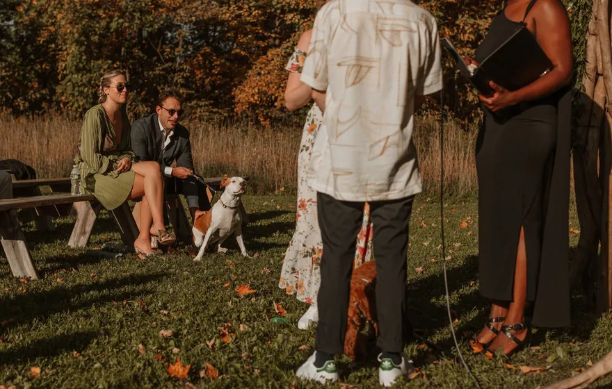 An officiant holding a binder stands with a couple on the grass while two seated guests and a dog watch from a bench