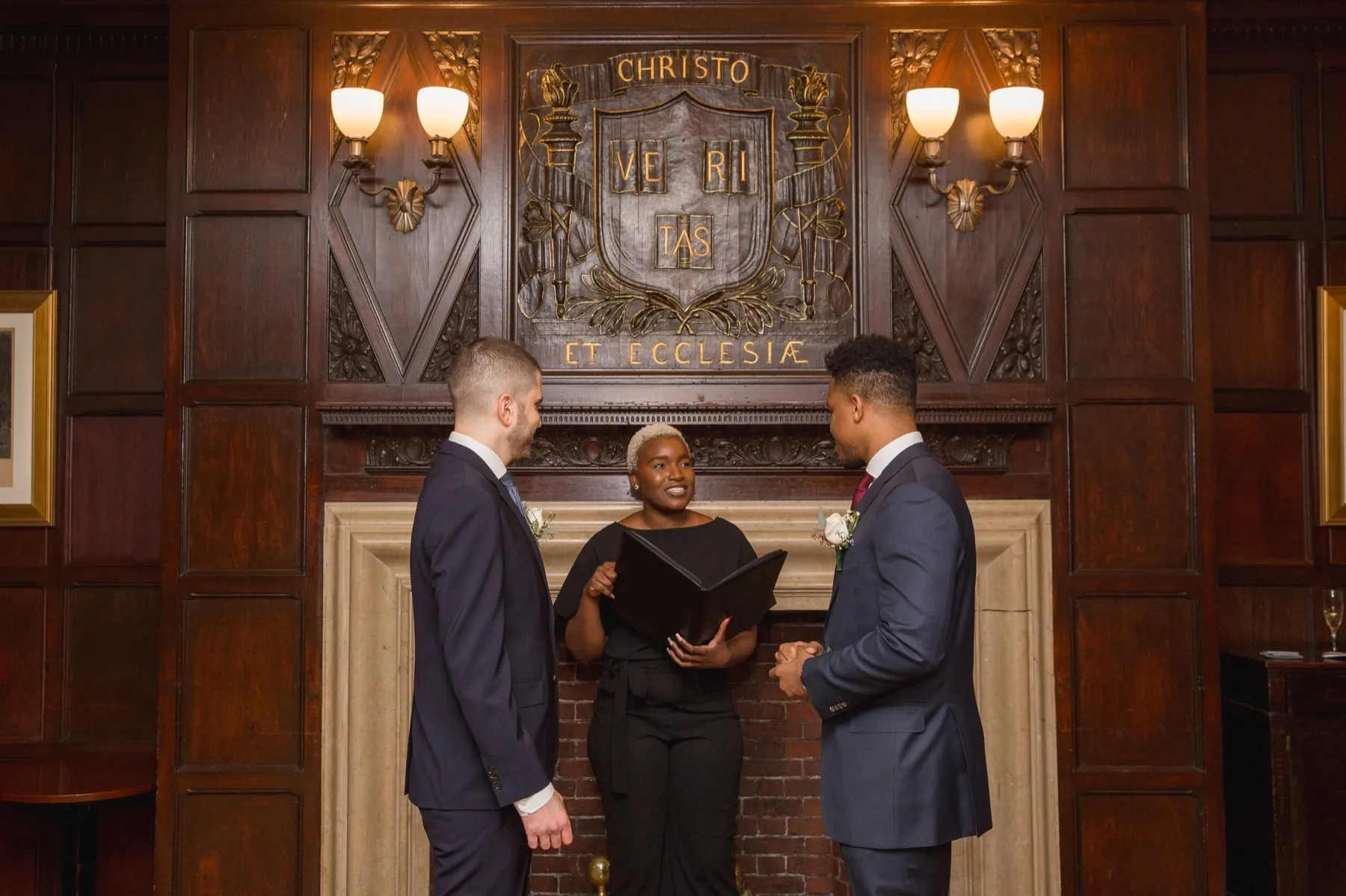Lazaro + Yehuda celebrating after the ceremony at The Harvard Club NYC