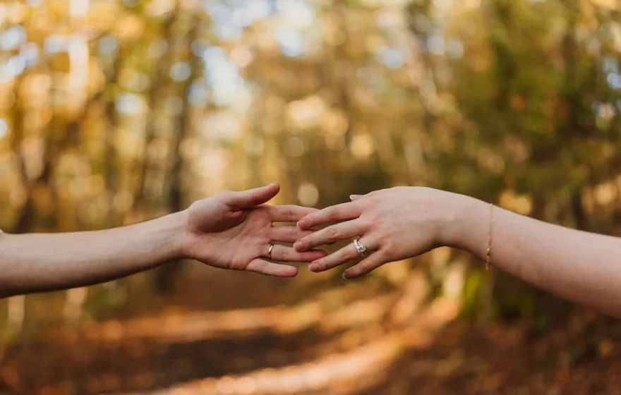 Two hands reach toward each other across a sunlit autumn path, a wedding band and an engagement ring catching the light