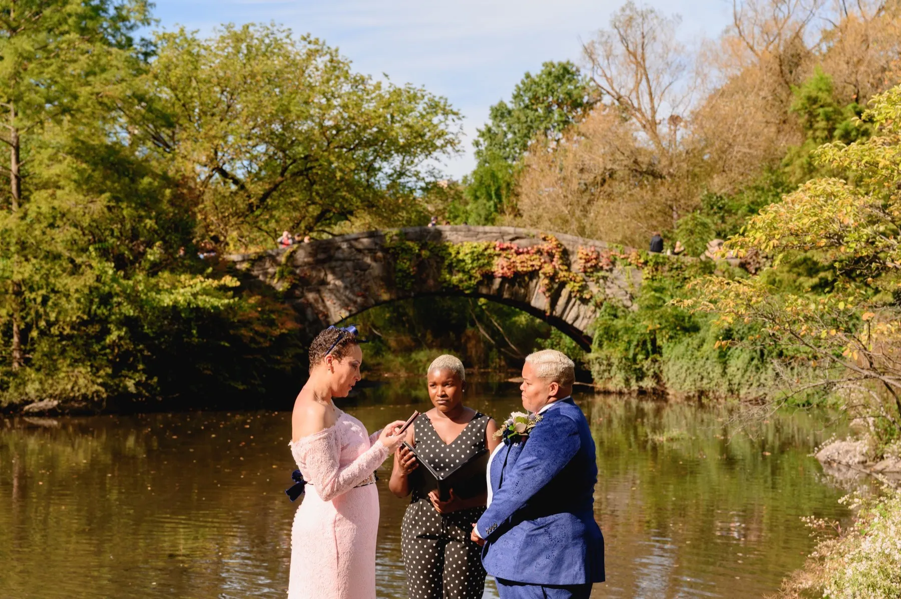 Wedding day moment for Veronica + Julie at Gapstow Bridge, Central Park Wedding