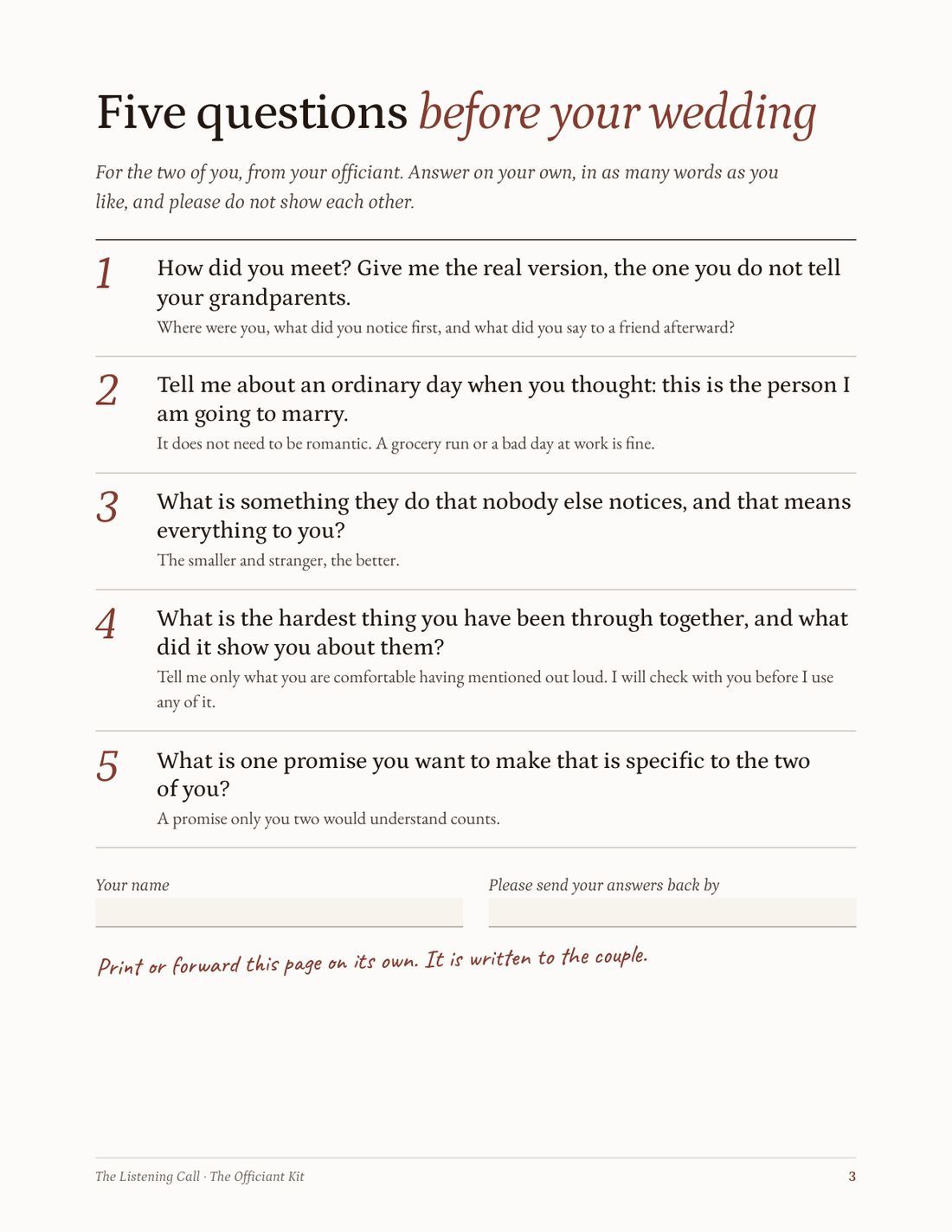 The five questions page from The Listening Call, written to forward to the couple