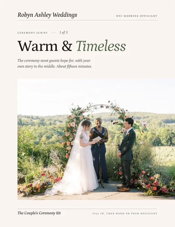 The real cover of Warm and Timeless, the first ceremony script in the kit