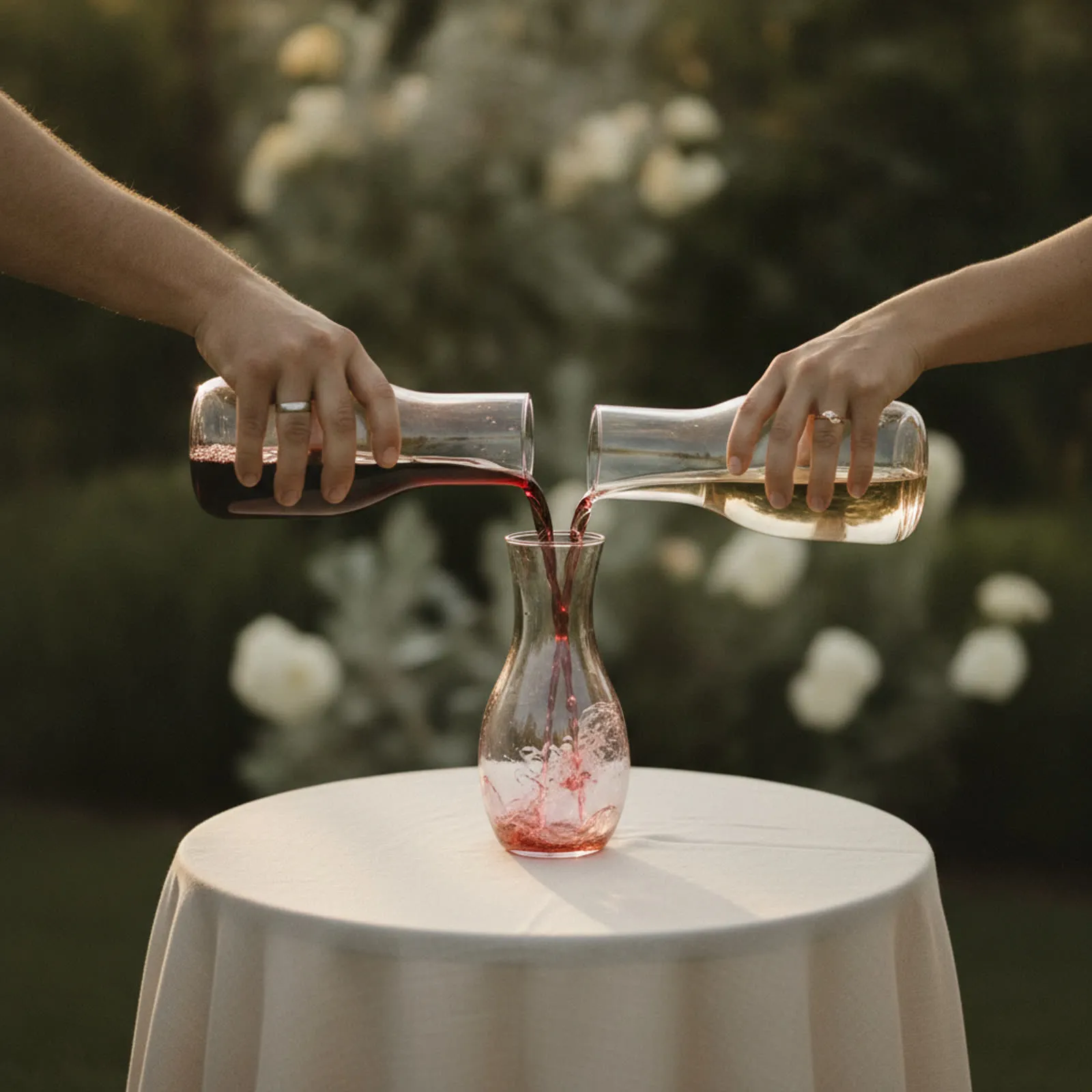 A couple pouring red and white wine into a single carafe during a unity wine ceremony