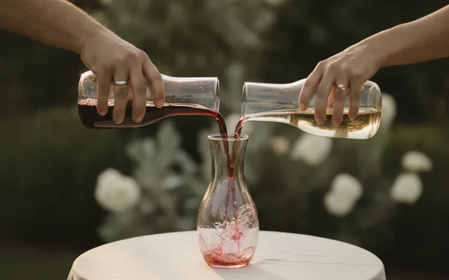 A couple pouring red and white wine into a single carafe during a unity wine ceremony