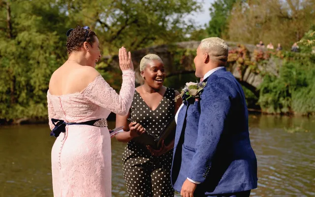 A wedding ceremony at Gapstow Bridge in Central Park