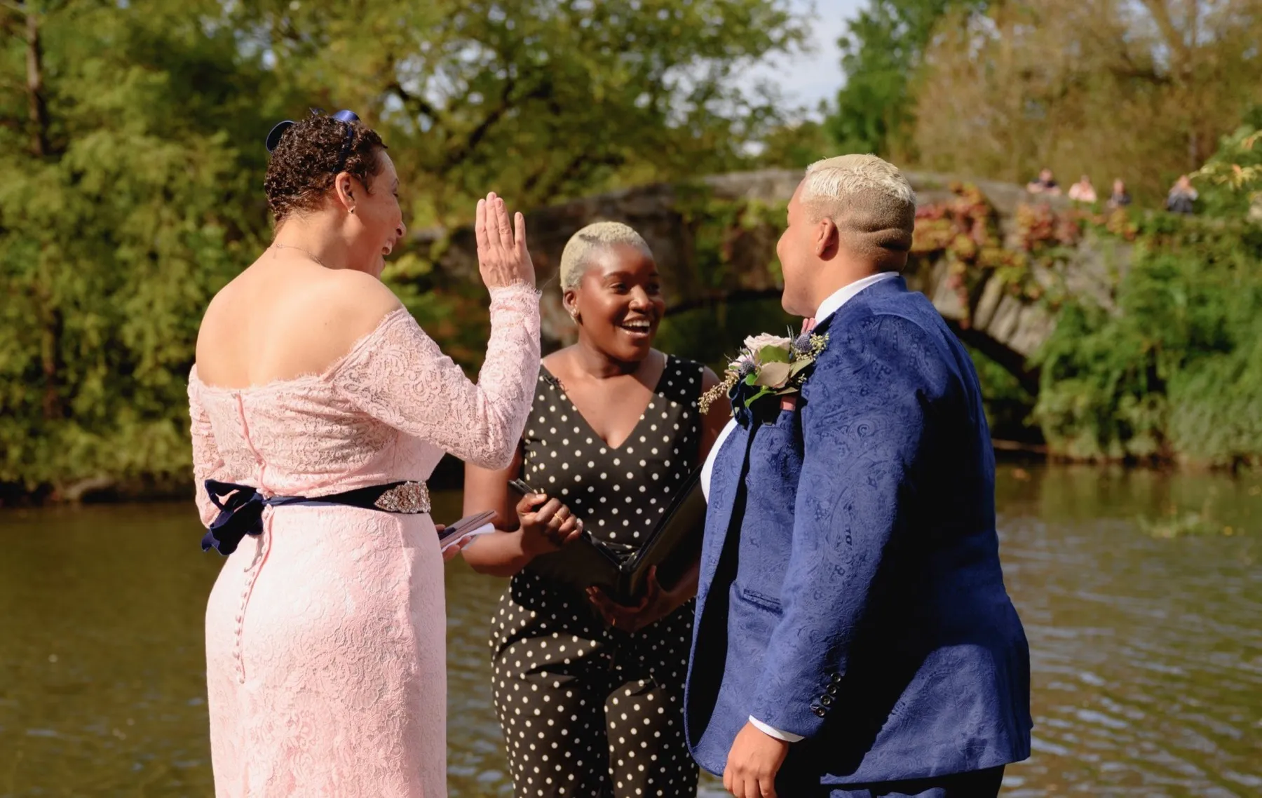A wedding ceremony at Gapstow Bridge in Central Park