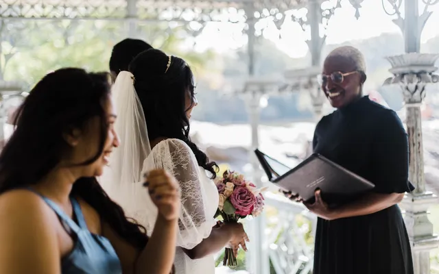 A couple during a Central Park wedding ceremony