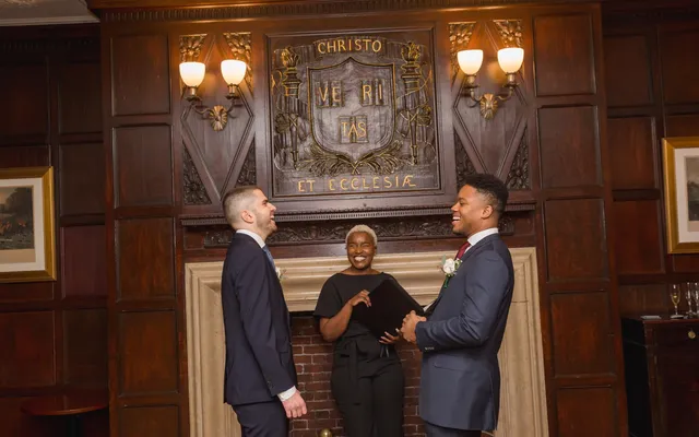 A couple celebrating after their wedding ceremony