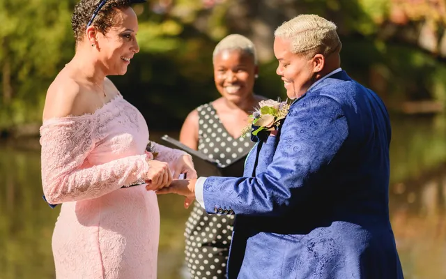 A couple embracing during a personal wedding ceremony