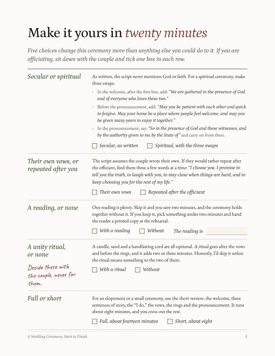 The page of five choices, each with tick boxes