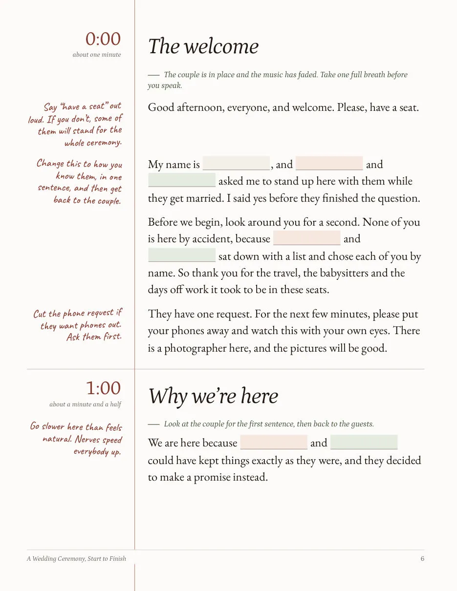 A script page: the welcome in large type, with handwritten notes in the margin