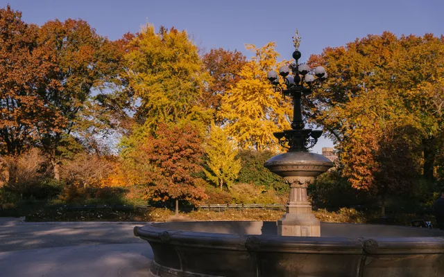 The Cherry Hill fountain in Central Park on its paved plaza, ringed by autumn trees
