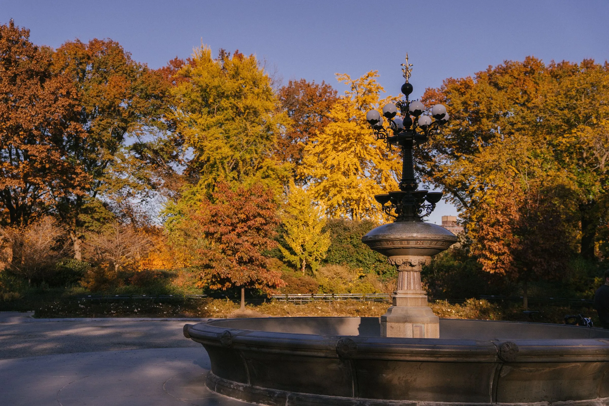 The Cherry Hill fountain in Central Park on its paved plaza, ringed by autumn trees