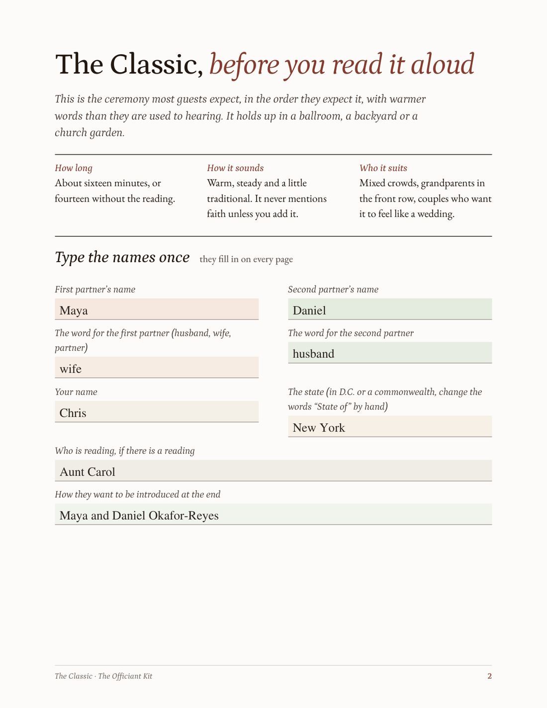 A script's set-up page with the couple's names typed in once