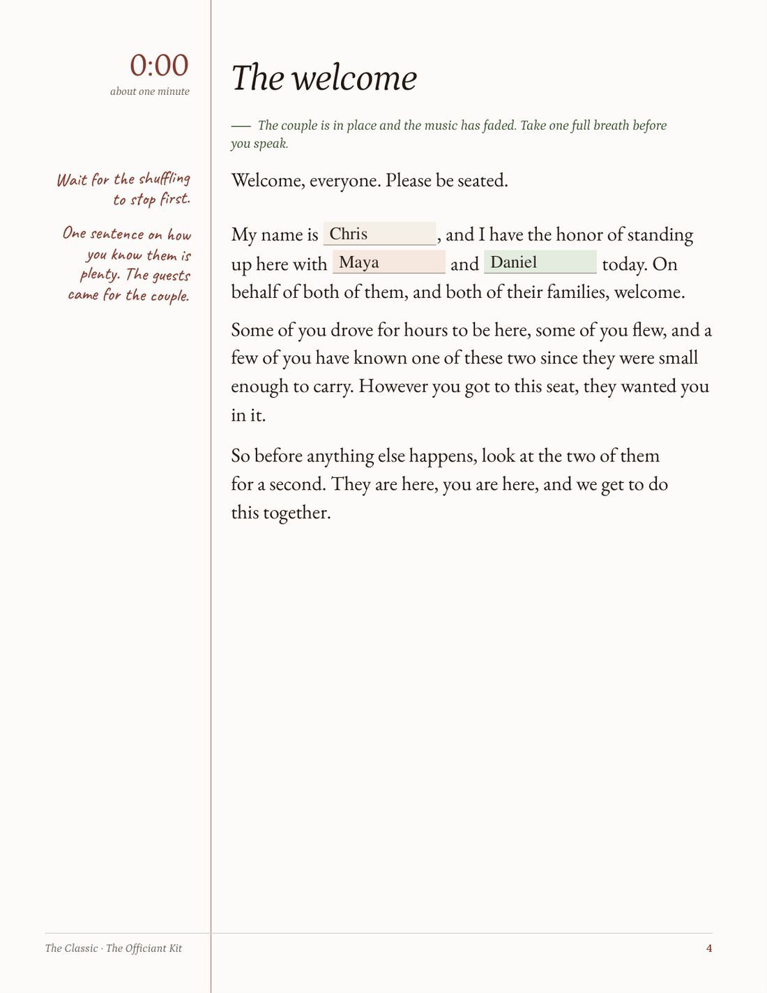The welcome page of The Classic script, with large read-aloud type, a clock and handwritten margin notes