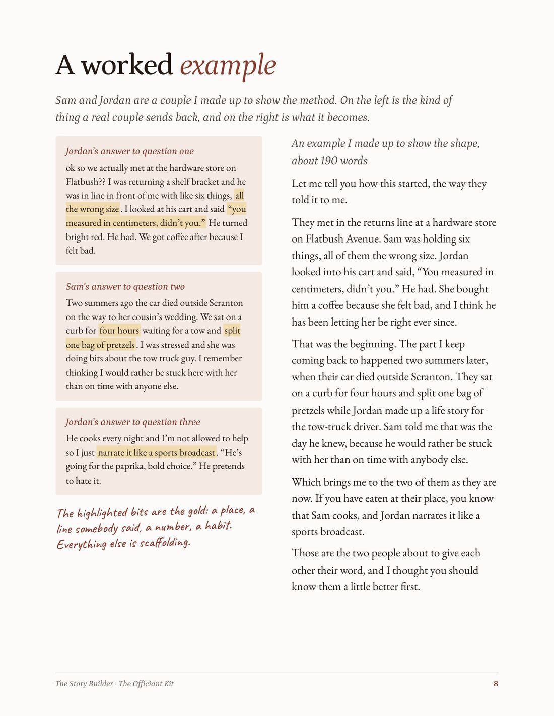 The worked example page from The Story Builder: a couple's raw answers on the left and the finished story on the right