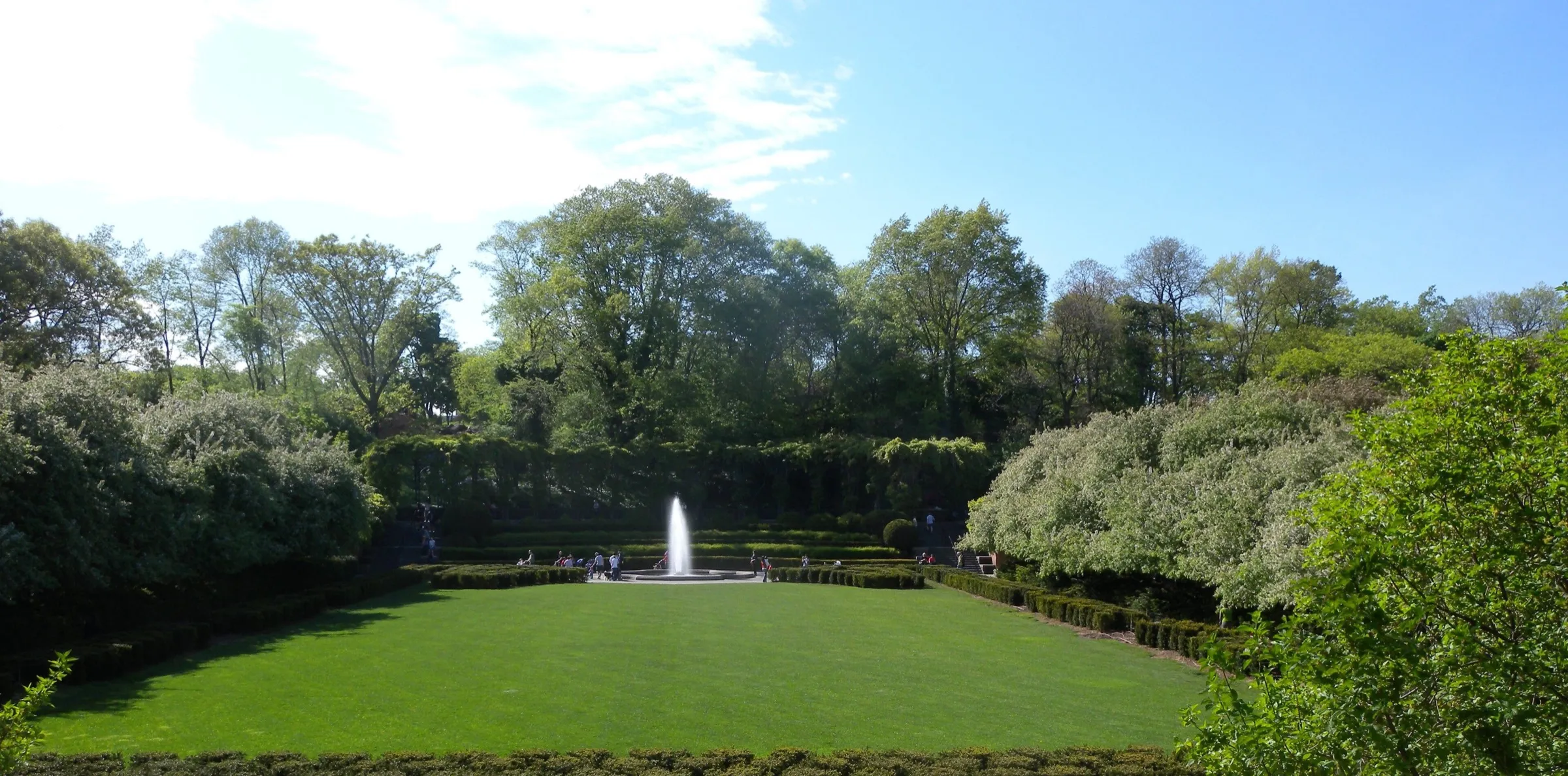 The Center Garden of Central Park's Conservatory Garden, a long lawn edged with hedges and flowering trees and a jet fountain at the far end