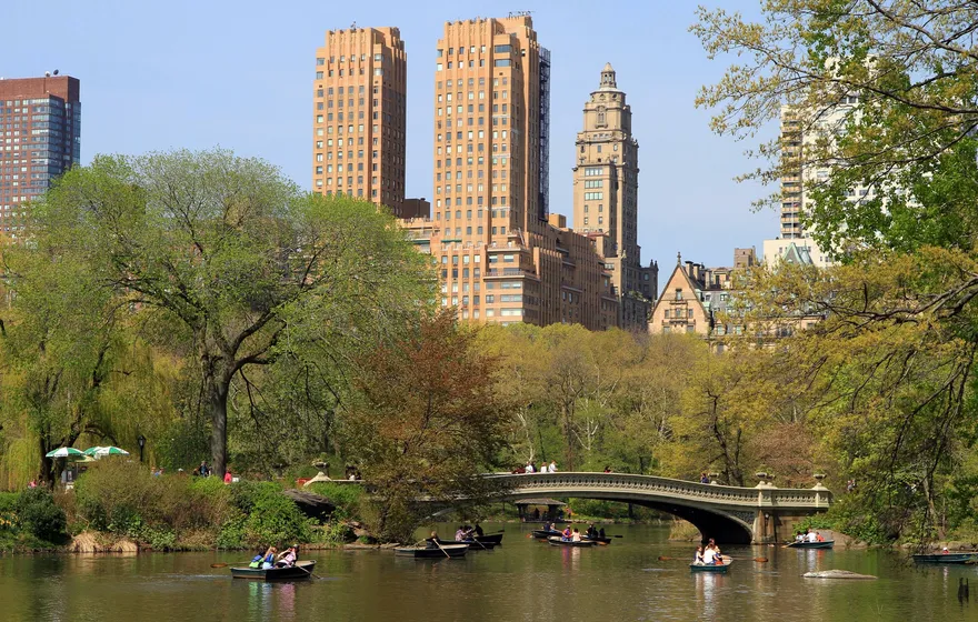 Rowboats on the Lake in Central Park in spring, Bow Bridge low in the middle distance and the San Remo towers above the trees